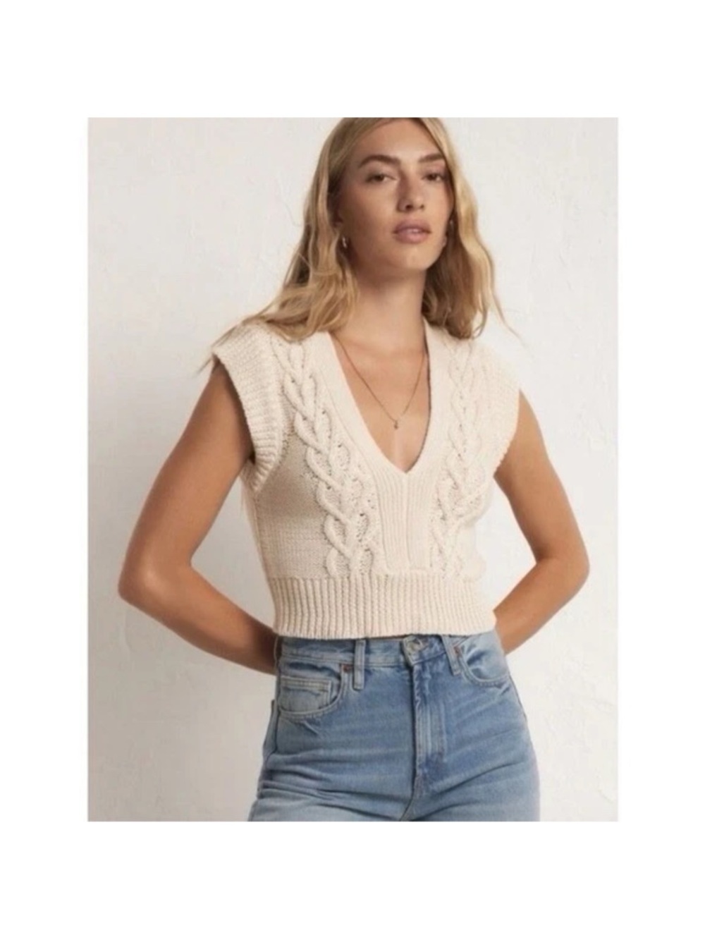 Z Supply Roped In V-Neck Cable Knit Sweater Vest - Cream Medium